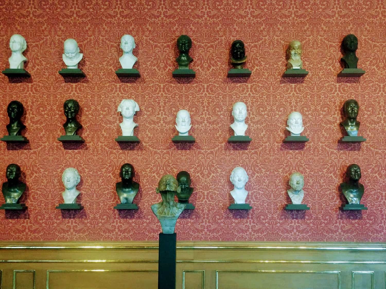 red and gold wallpapered wall with black and white sculptured heads in rows across it in the belvedere vienna