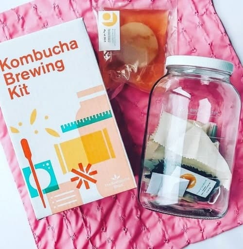 a box for a kombucha growing kit next to a glass jug and tea bags on a pink towel