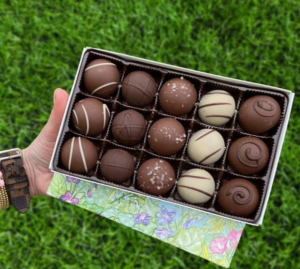 a box of vegan chocolate truffles  from no whey held with one hand over a green lawn