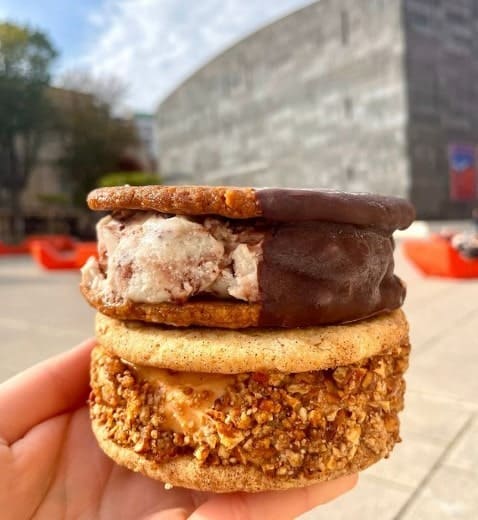 two vegan ice cream cookie sandwiches held with one hand on top of each other on a city street in vienna