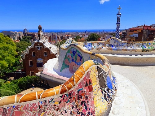 colorful mosaic tiles in park guell in barcelona