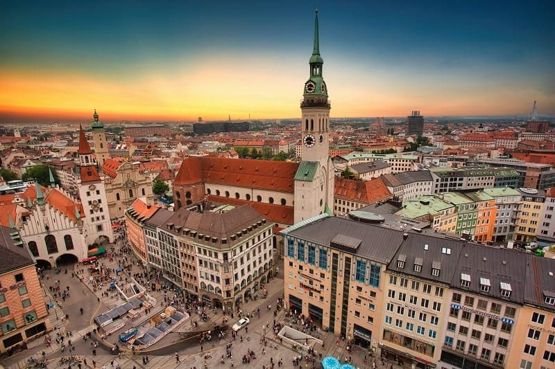 the busy munich old town from high above the city at dusk