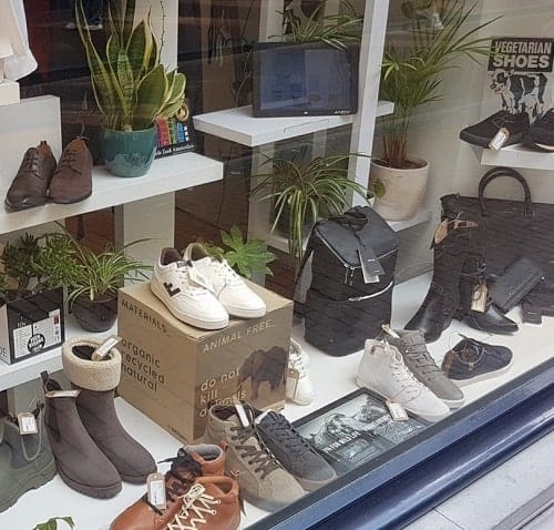 the vegan and cruelty free shoe display at vega life in amsterdam