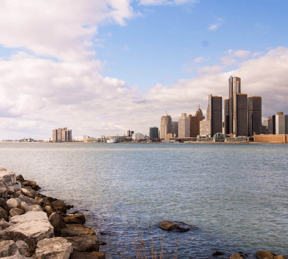 the city of detroit river front view from belle isle on a clear day