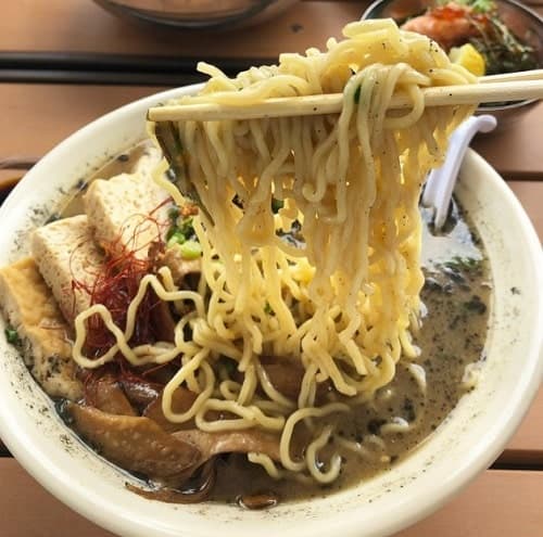 one large bowl of vegan ramen with tofu with chopstick pulling out noodles in detroit