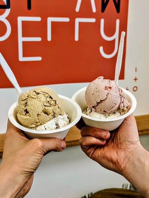 two cups of vegan ice cream with coffee and strawberry flavors in detroit