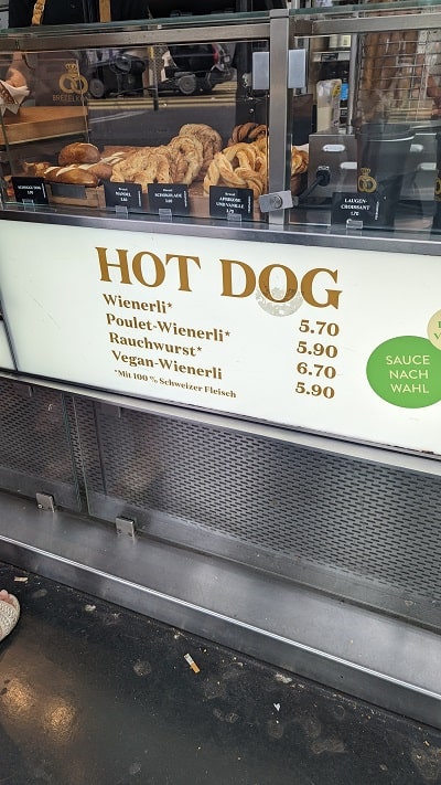 Brezelkonig hot dog menu with vegan options insider the Lucerne Train Station