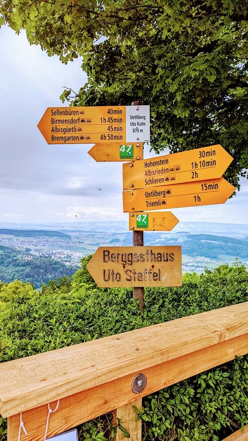 Hiking trail signs on Uetliberg Mountain Zurich