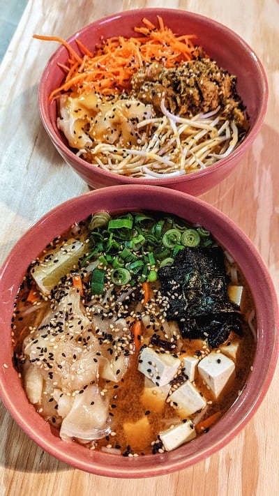 Paz O Bowl Vegan Ramen with tofu and rice noodles and Rice Bowl with Planted Chicken