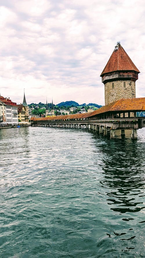 Chapel Bridge in Old Town Lucerne on a cloudy day