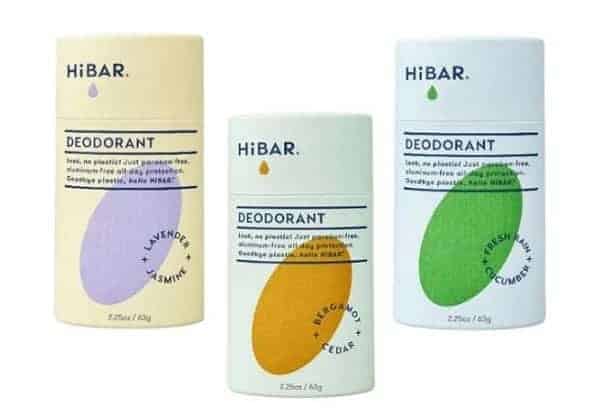 three sticks of zero waste and vegan deodorant sticks from hiBAR