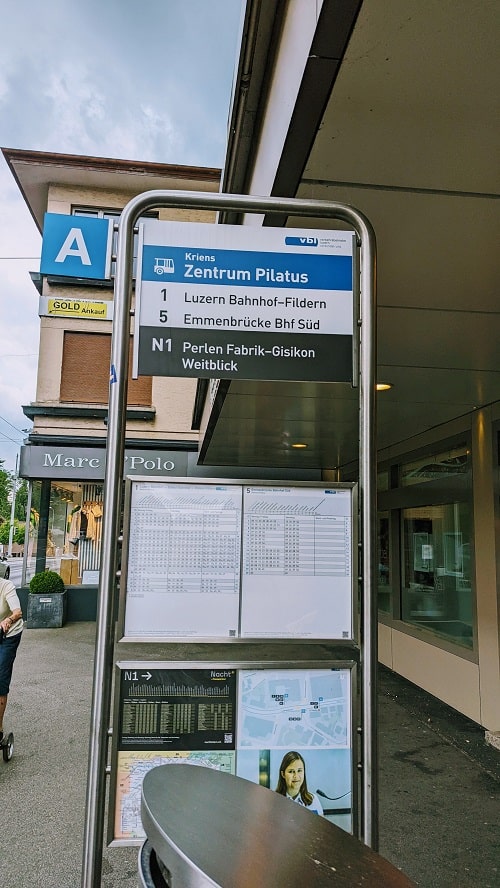 bus stop in kriens for bus number one that take visitors back to lucerne train station