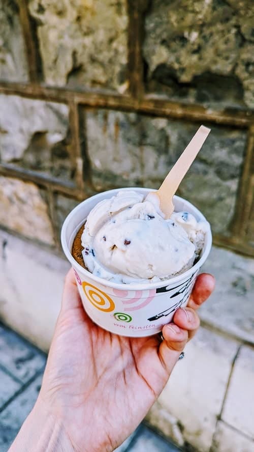 cup of vegan chocolate chip ice cream on a city street from joy madal in geneva