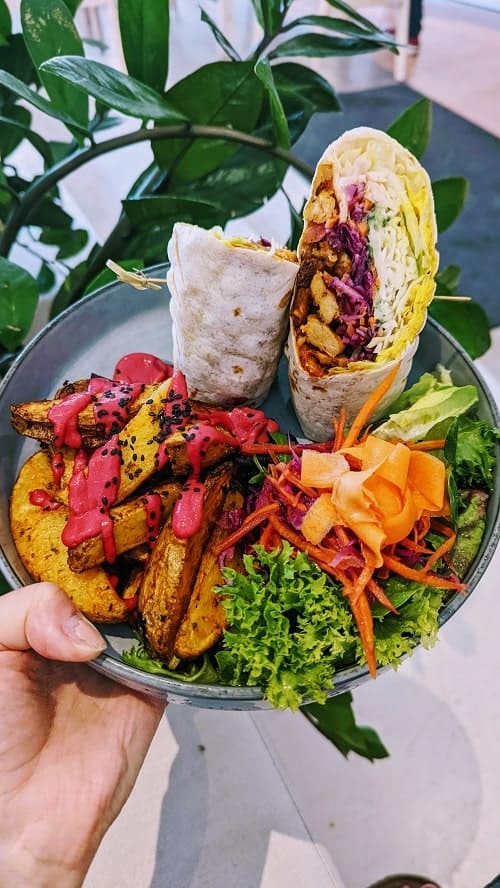 vegan sandwich wrap standing upright with roasted potatoes covered in a purple beet ketchup and a small green salad on a round dish