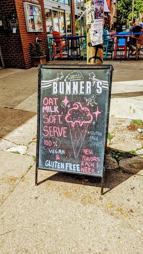 bunners bakehouse outdoor sign with oatmilk vegan softserve on display