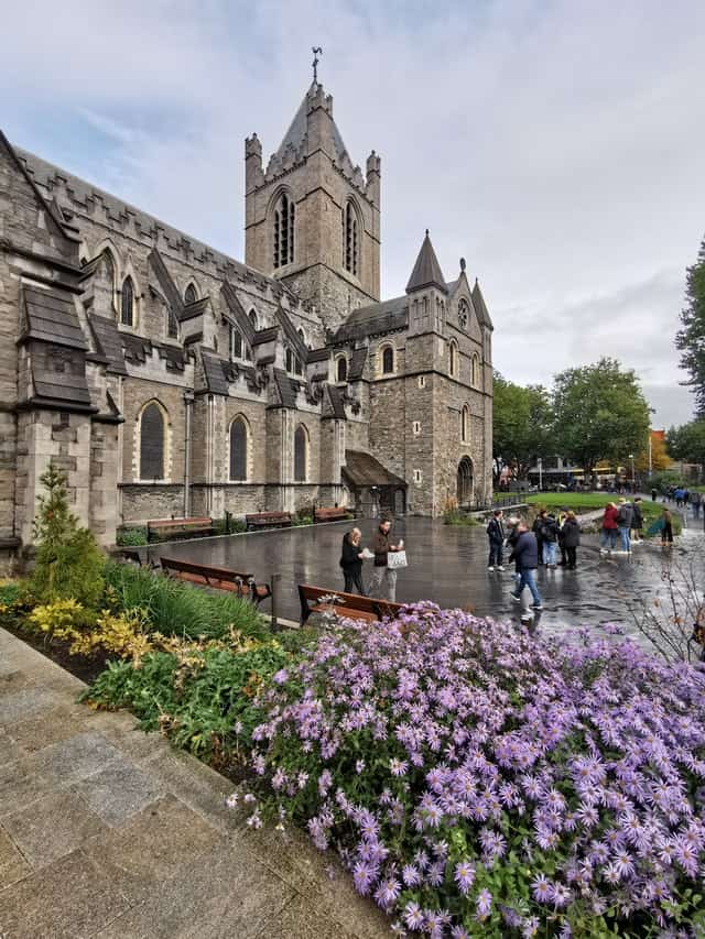 outisde of christ church dublin in the spring with purple flowers in front