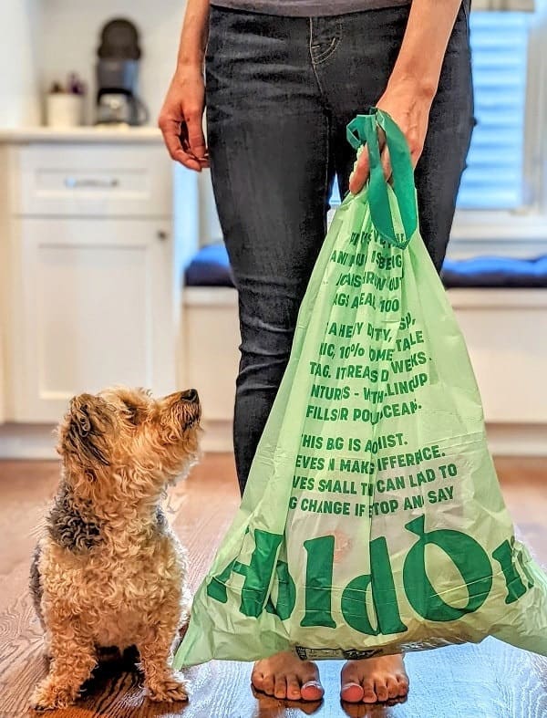 compostable holdon trash bag being held by a person while a small brown and black curly haired dog looks up in a kitchen