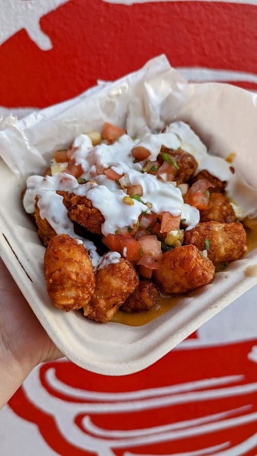loaded vegan nacho tater tots topped with pico, sour cream, and queso at be hive in nashville