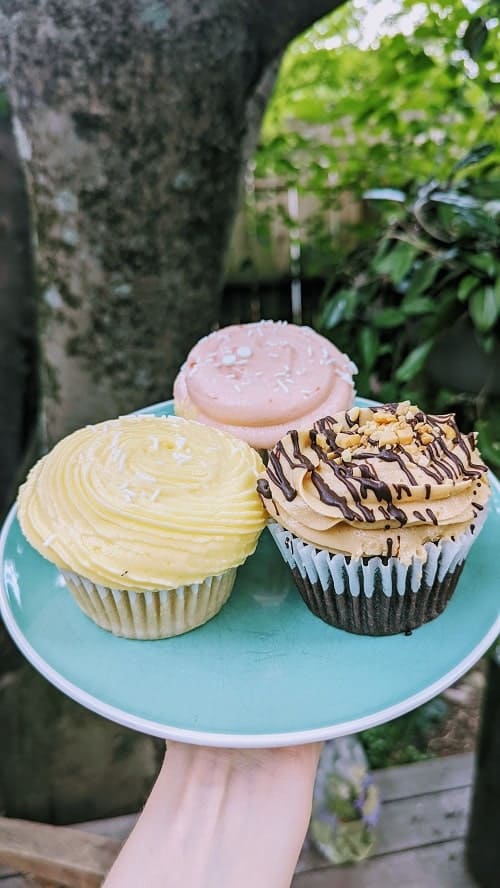 trio of three vegan and gluten free cupcakes on a blue plate topped with yellow lemon frosting, pink vanilla frosting, and chocolate and peanut butter frosting