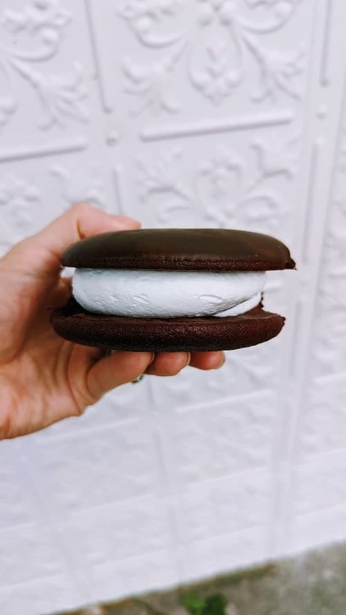 vegan and gluten free chocolate whoopie pie filled with cream from bunners in toronto
