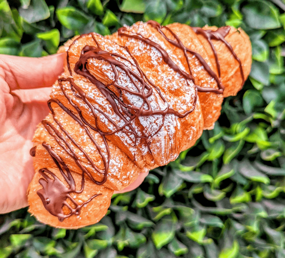 vegan chocolate croissant in front of a green bush from the vegan danish bakery on queens in toronto