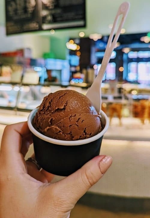 single scoop on vegan chocolate ice cream in a cup in front of hattie janes creamery in nashville