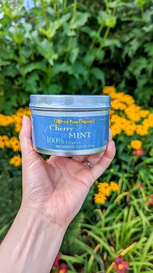 blue tin of cherry mint tea in front of yellow flowers at light of day in traverse city