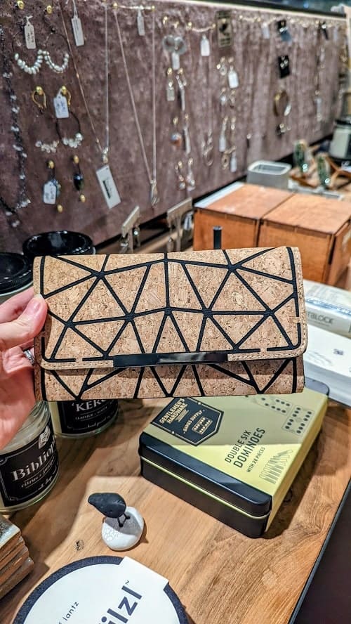vegan cork wallet with a black design at the sanctuary handmade goods in traverse city