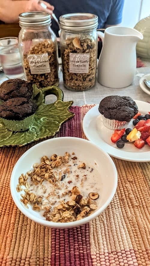 jars of vegan house-made granola, muffins, and fruit at black sheep inn and spa in the finger lakes