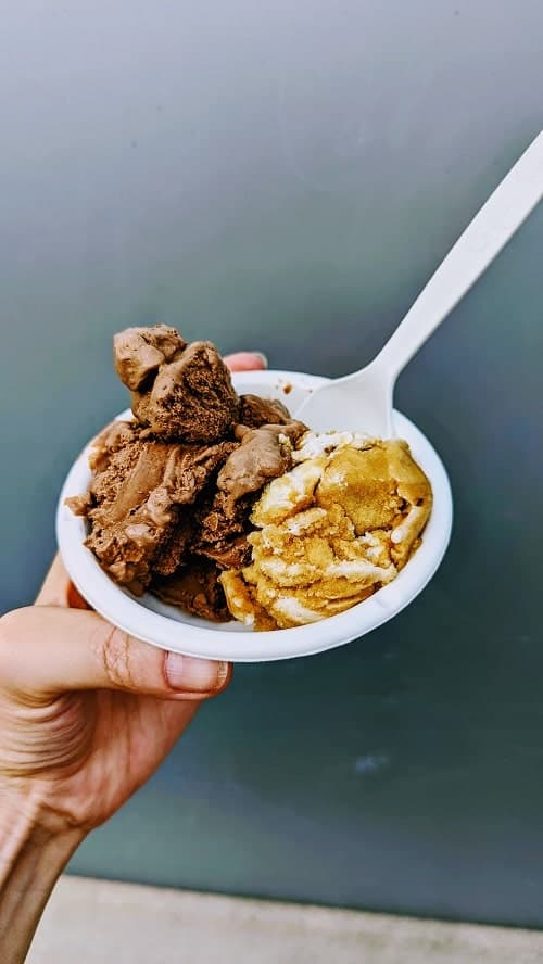 two scoops of vegan ice cream, chocolate and coffee and cream, in a white bowl from jenis in dc