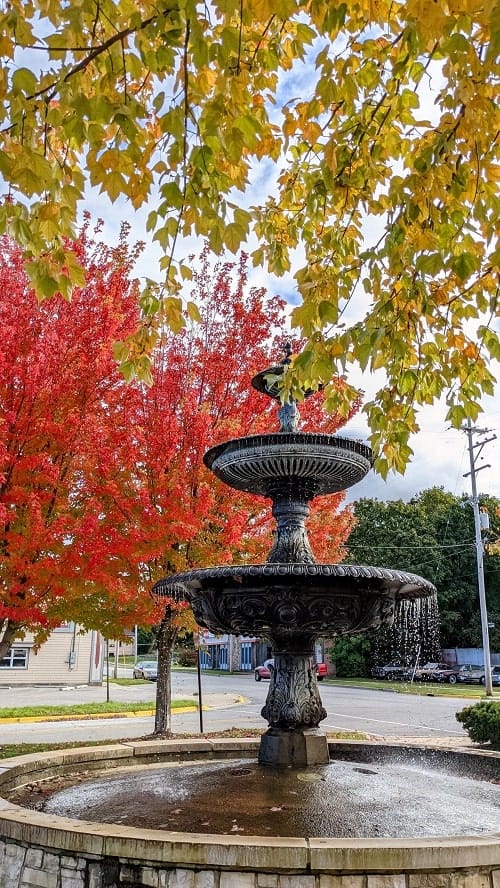 downton manistee michigan in the fall, tree surronding a fountain