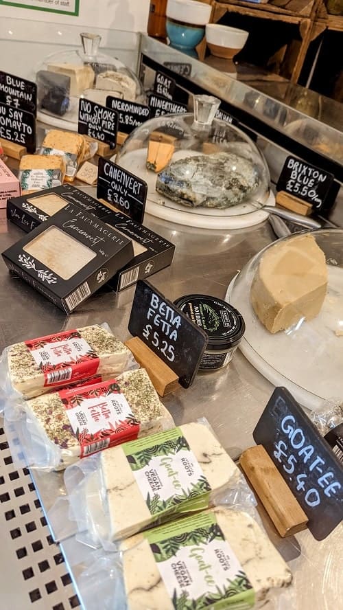 vegan cheese display case at la fauxmagier in london