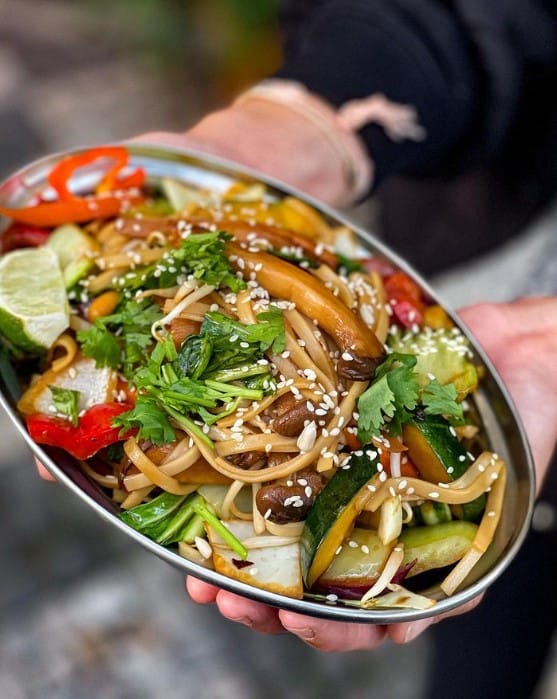 vegan asian noodles with colorful veggies in an oval silver bowl in prague