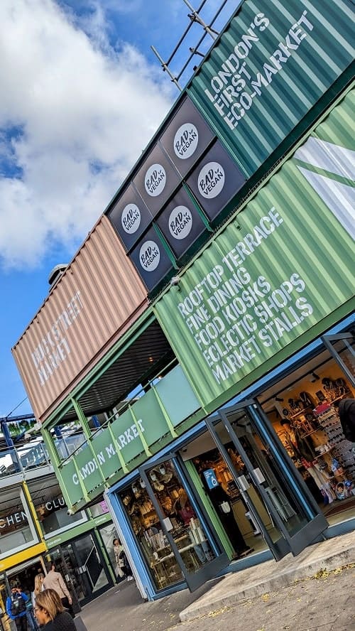 the outside of buck street market made up entirely of shipping containers stacked on top of eachother