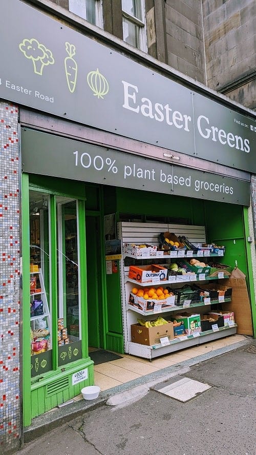 the green and black outside of the vegan market easter greens in edinburgh