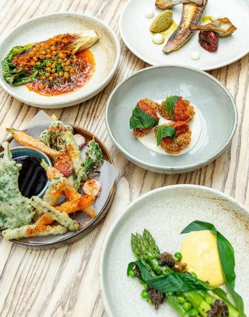 five white round plates next to each other filled with  grilled romanie, three fried balls, asparagus, and fried pieces of avocado in brighton