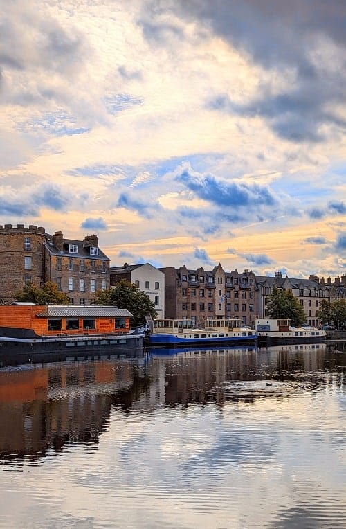 leith neighborhood on the water of leith in the morning 