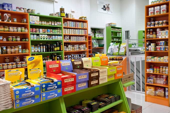 store shelves at the vegan market planeta vegano in madrid