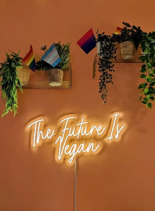 neon sign on a light orange walls that says the future is vegan