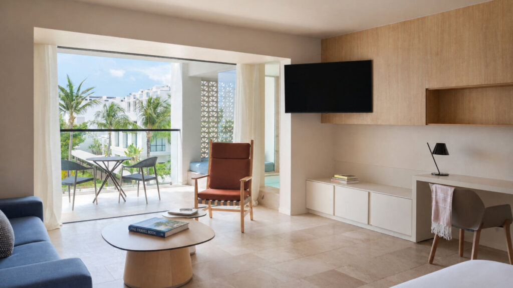 Junior Suite at Finest Playa Mujeres with a bright living area and balcony overlooking the resort