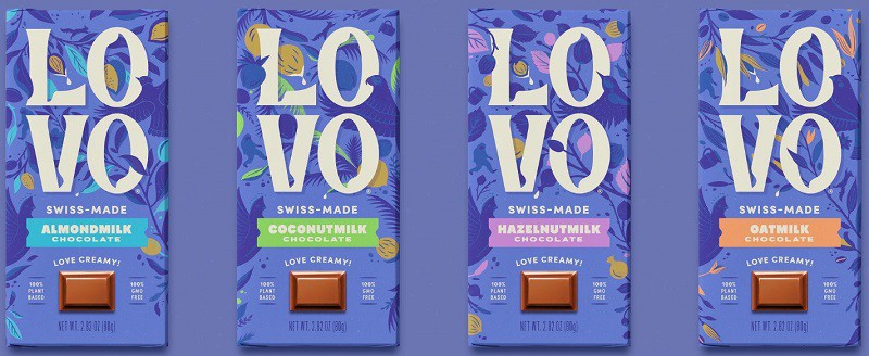 four LOVO vegan milk chocolate bars in a lineup as a vegan gift