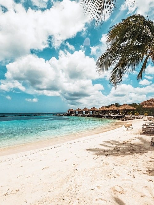 long stretch of white sand against turquoise water with a few palm trees and beach bungalows in aruba