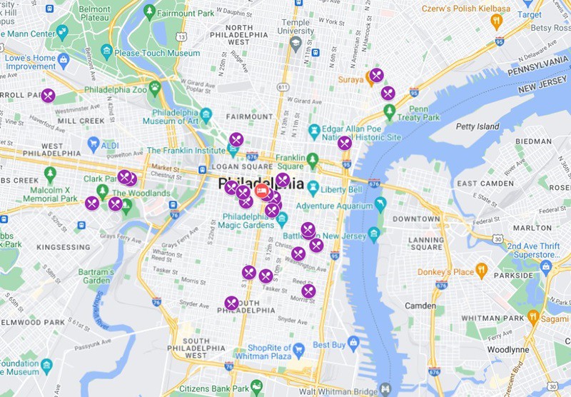map of Philadelphia highlighting vegan bakeries, restaurants, and vegan-friendly places to eat