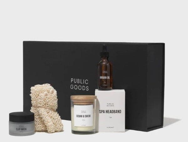 at home spa kit with a candle, lotion, soaps, and more from public goods