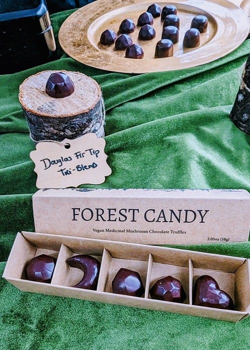 vegan chocolate candies in a small brown box on a green clothed table in portland
