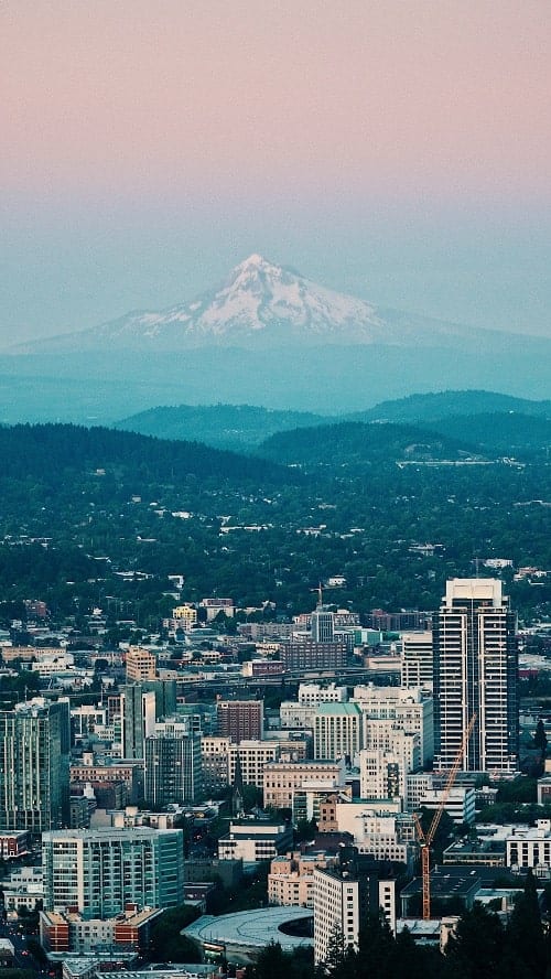 hazy view of downtown portland with the mountains in the background
