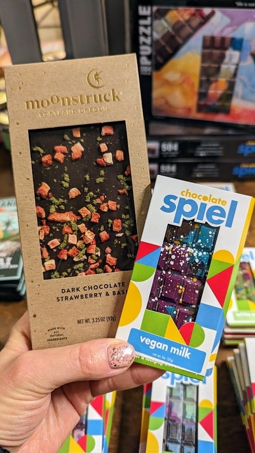 two oregon made vegan chocolate bars at the sotre made here in portland