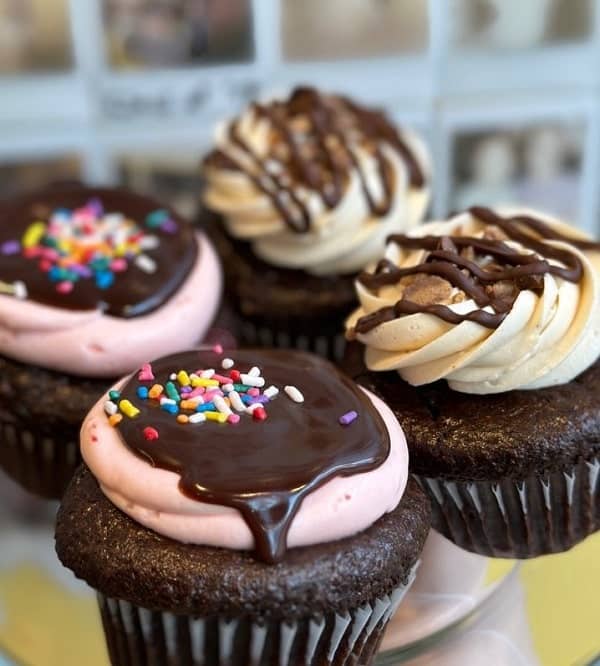 vegan chocolate cupcakes topped with pink frosting and fudge and two topped with peanut butter frosting with a chocolate drizzle 
