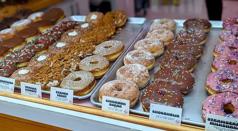a glass dessert case filled with rows of vegan donuts topped with pink and chocolate icing, powdered sugar and glaze at dough joy in seattle