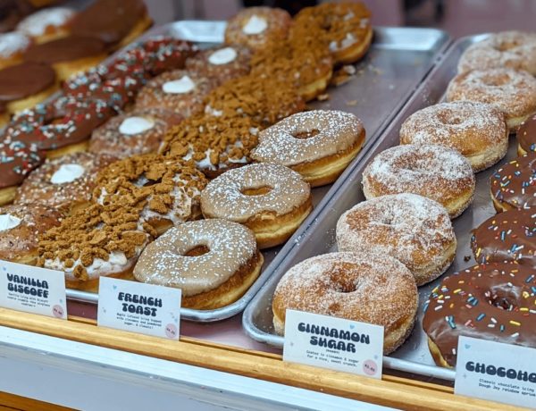 a glass case filled with rows of vegan donuts covered in chocolate, peanut butter, and powdered sugar at dough joy in seattle
